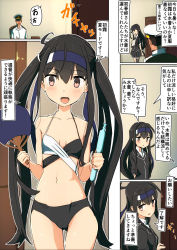Rule 34 | 1boy, 1girl, 3koma, admiral (kancolle), ahoge, alternate costume, alternate hairstyle, bikini, blush, breasts, cameltoe, collarbone, collared shirt, comala (komma la), comic, commentary request, door, hair between eyes, hatsushimo (kancolle), headband, highres, jacket, kantai collection, long hair, military jacket, navel, open mouth, remodel (kantai collection), school uniform, shirt, single thighhigh, small breasts, speech bubble, sweat, sweatdrop, swimsuit, table, thighhighs, translated, twintails, very long hair, white shirt