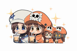 Rule 34 | &gt; &lt;, 4girls, april (guilty gear), black gloves, blue eyes, brown hair, bubble tea, cabbie hat, clothed robot, cup, disposable cup, drink, drinking straw, drinking straw in mouth, fingerless gloves, gloves, guilty gear, guilty gear strive, hair between eyes, hat, hat ornament, holding, holding cup, holding drink, hood, hoodie, humanoid robot, itsuka neru, long hair, long sleeves, looking at viewer, may (guilty gear), multiple girls, object through head, open mouth, orange eyes, orange headwear, orange hoodie, orange shirt, robo-may, robot, round eyewear, screw in head, shirt, short hair, skull and crossbones, skull hat ornament, smile, white headwear