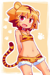 Rule 34 | 1girl, :d, animal ears, animal print, bare shoulders, belt buckle, belt collar, blush, breasts, brown hair, buckle, cat ears, cat tail, collar, collarbone, commentary request, crop top, fang, fur-trimmed shorts, fur trim, groin, hair between eyes, kumatanchi, multicolored hair, naga u, navel, open mouth, orange shorts, print shorts, red collar, red eyes, short hair, short shorts, shorts, small breasts, smile, solo, striped tail, tail, tiger ears, tiger girl, tiger print, tiger tail, tora-oneesan, two-tone hair