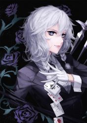 Rule 34 | 1girl, ace (playing card), ace of spades, alternate costume, black background, blue eyes, braid, card, dress shirt, flower, gloves, grey shirt, hair between eyes, highres, izayoi sakuya, joker (playing card), long hair, playing card, purple flower, red-d, shirt, silver hair, smile, solo, spade (shape), striped clothes, striped shirt, touhou, twin braids, upper body, vertical-striped clothes, vertical-striped shirt, white gloves