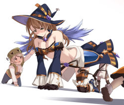 Rule 34 | 1girl, 3boys, all fours, beatrix (granblue fantasy), black gloves, blue hat, blue sleeves, blush, bra, breasts, brown hair, choker, cleavage, detached sleeves, embarrassed, gloves, granblue fantasy, groin, hat, long hair, long sleeves, medium breasts, midriff, multiple boys, navel, shiseki hirame, simple background, stomach, strapless, strapless bra, striped bra, striped clothes, striped thighhighs, thighhighs, underwear, white background, witch hat
