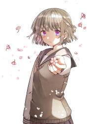 Rule 34 | 1girl, bad id, bad pixiv id, black sailor collar, black skirt, blush, brown hair, brown sweater, closed mouth, commentary request, flower, foreshortening, highres, holding, holding flower, kurata rine, original, outstretched arm, petals, pink flower, pleated skirt, ponytail, purple eyes, sailor collar, short hair, simple background, skirt, solo, standing, sweater, upper body, white background