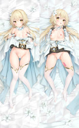 Rule 34 | 1girl, :o, bare shoulders, bed sheet, black gloves, blonde hair, blush, breasts, censored, chen bin, cleft of venus, clothes lift, collarbone, commentary request, dakimakura (medium), detached sleeves, dress, dress lift, flower, genshin impact, gloves, groin, hair flower, hair ornament, highres, knees together feet apart, lifted by self, long hair, long sleeves, looking at viewer, lumine (genshin impact), lying, medium breasts, multiple views, nipples, no panties, no shoes, object insertion, on back, pussy, resolution mismatch, sex toy, skirt, skirt lift, smile, source smaller, spread legs, striped, thigh gap, thighhighs, vaginal, vaginal object insertion, vibrator, white dress, white flower, white thighhighs, yellow eyes