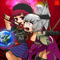 Rule 34 | 2girls, angel wings, armbinder, bdsm, bondage, bound, bound arms, bow, bowtie, brooch, chain, clothes writing, collar, earth (ornament), femdom, hecatia lapislazuli, hook, jacket, jewelry, kishin sagume, leg belt, moon (ornament), multicolored clothes, multicolored skirt, multiple girls, ninniku (ninnniku105), red hair, restrained, shirt, single wing, skirt, smile, t-shirt, tears, tongs, tongue, tongue out, torn clothes, torture, touhou, wings