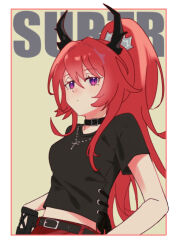 Rule 34 | 1girl, absurdres, arknights, belt, black belt, black choker, black gloves, black shirt, breasts, character name, choker, commentary, gloves, hair between eyes, highres, horns, long hair, looking at viewer, medium breasts, midriff, nong t, official alternate costume, ponytail, purple eyes, red hair, shirt, side-tie shirt, solo, surtr (arknights), surtr (liberte echec) (arknights), symbol-only commentary, upper body, very long hair