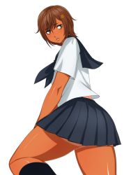 Rule 34 | 1girl, brown hair, dark skin, jiken jaken!, matoyama, school uniform, skirt, white background, yotsuna himawari