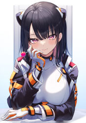 Rule 34 | 1girl, ao no neko, arm on table, black hair, blush, bodysuit, breast rest, breasts, candy, food, gloves, hairpods, hand on own cheek, hand on own face, highres, holding, holding candy, holding food, holding lollipop, jacket, large breasts, lollipop, looking at viewer, mechanical ears, medium hair, multicolored hair, open clothes, open jacket, orange gloves, original, pilot suit, red eyes, smile, solo, two-tone hair, upper body, white bodysuit, white gloves