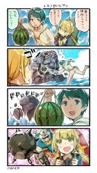 Rule 34 | 10s, 2girls, 4koma, :d, artist name, ball and chain (weapon), bikini, black cardigan, black eyes, black hair, black jacket, black sailor collar, blonde hair, cardigan, comic, commentary request, food, fruit, gundam, hair between eyes, highres, jacket, kantai collection, long hair, long sleeves, low twintails, mogami (kancolle), multiple girls, nonco, open mouth, sailor collar, satsuki (kancolle), short hair, smile, speech bubble, swimsuit, translation request, twintails, watermelon, yellow eyes