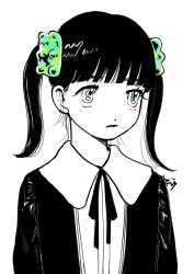 Rule 34 | 1girl, black hair, candy hair ornament, expressionless, food-themed hair ornament, greyscale, gummy bear, hair ornament, highres, long hair, monochrome, original, simple background, solo, spot color, toyux2, twintails, upper body, white background