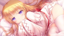 Rule 34 | 1girl, blonde hair, blue eyes, blush, capelet, commentary request, covering own mouth, crossed legs, dress, hands in opposite sleeves, hat, highres, lily white, long hair, long sleeves, looking at viewer, lying, lzh, on bed, on side, panties, sash, solo, tareme, thighhighs, touhou, underwear, unworn hat, unworn headwear, very long hair, white dress, white panties, white thighhighs, wide sleeves