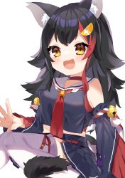 Rule 34 | 1girl, :d, absurdres, animal ears, bad id, bad pixiv id, bell, black hair, black skirt, choker, detached sleeves, fingernails, grey thighhighs, hair ornament, hairclip, highres, hololive, jingle bell, long hair, long sleeves, looking at viewer, miniskirt, multicolored hair, necktie, noi mine, ookami mio, ookami mio (1st costume), open mouth, pleated skirt, red choker, red necktie, simple background, sitting, skirt, smile, solo, streaked hair, thighhighs, virtual youtuber, white background, wolf ears, yellow eyes