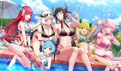 Rule 34 | 6+girls, :d, :o, ;d, alternate costume, aqua bow, arm strap, armlet, arms up, bare shoulders, barefoot, beach chair, beach umbrella, between breasts, bikini, bikini skirt, black bikini, black hair, black horns, black wings, blue eyes, blue hair, blue horns, blue sky, blush, bow, bracelet, braid, breasts, chamber dragonmaid, cleavage, closed mouth, cloud, collarbone, commentary request, crown braid, day, dragon girl, dragon horns, dragon tail, dragon wings, dragonmaid (yu-gi-oh!), duel monster, ear bow, eyewear on head, facial mark, fang, flat chest, floral print, flower, food print, frilled bikini, frills, glasses, green bikini, green hair, green horns, green tail, green wings, groin, group picture, hair between eyes, hair flower, hair ornament, hair ribbon, hairclip, hand up, hands on own thighs, hat, highres, holding another&#039;s arm, horns, house dragonmaid, hsin, innertube, jewelry, kitchen dragonmaid, kneeling, large breasts, laundry dragonmaid, leg up, long hair, looking at viewer, low-tied long hair, low twintails, medium breasts, midriff, multicolored hair, multiple girls, nail polish, navel, necklace, nurse cap, nurse dragonmaid, o-ring, o-ring bikini, one-piece swimsuit, one eye closed, open mouth, outdoors, parlor dragonmaid, pink bikini, pink hair, pink horns, poolside, red hair, red nails, ribbon, ring, scrunchie, second-party source, seiza, shadow, sidelocks, sitting, sky, smile, soaking feet, splashing, star (symbol), star hair ornament, sunglasses, swept bangs, swim ring, swimsuit, tail, teeth, twin braids, twintails, umbrella, upper teeth only, water, watermelon print, white hair, white headwear, white one-piece swimsuit, white ribbon, wings, wrist scrunchie, yellow eyes, yellow horns, yu-gi-oh!