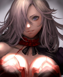 Rule 34 | 1girl, blue eyes, breasts, cinderella (sinoalice), commentary request, face, frilled skirt, frills, hair over one eye, large breasts, lips, long hair, looking at viewer, parted lips, silver hair, sinoalice, skirt, solo, starry babe
