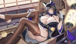Rule 34 | 1girl, absurdres, animal ear fluff, animal ears, architecture, azur lane, bare shoulders, black hair, black thighhighs, boat, breasts, cleavage, east asian architecture, facial mark, flower, fox ears, garter straps, gloves, hair flower, hair ornament, highres, japanese clothes, kimono, lantern, large breasts, long hair, looking at viewer, maid, maid headdress, manjuu (azur lane), musashi (azur lane), musashi (violet moonglow) (azur lane), nail polish, official alternate costume, paper lantern, solo, stirrup legwear, thighhighs, thighs, toeless legwear, watercraft, white gloves, yijiufantexi