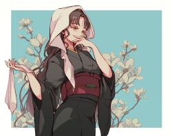 Rule 34 | 1girl, amidura, black hair, black kimono, border, breasts, commentary, covered mouth, covering own mouth, cowboy shot, facial mark, fate/extra, fate/extra ccc, fate/grand order, fate (series), flower, forehead mark, forehead tattoo, hand on own chin, hands up, holding cloth, japanese clothes, kimono, long hair, long sleeves, looking afar, looking ahead, medium breasts, obi, obiage, obijime, outside border, parted bangs, red sash, sash, sessyoin kiara, sidelocks, solo, wavy hair, white border, white flower, white veil, wide sleeves