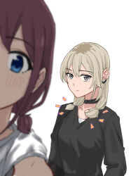 Rule 34 | 2girls, absurdres, bl-a-ck, black choker, black shirt, blue eyes, blurry, blurry foreground, blush, borrowed hairstyle, choker, closed mouth, commentary request, earclip, girls band cry, grey eyes, highres, iseri nina, kawaragi momoka, light brown hair, long sleeves, multicolored hair, multiple girls, notice lines, red hair, roots (hair), selfie, shirt, short twintails, simple background, smile, twintails, upper body, white background, white shirt