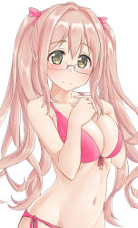 Rule 34 | 1girl, aimobake, alternate hairstyle, bad id, bad twitter id, bespectacled, bikini, bow, breasts, brown eyes, cleavage, closed mouth, commentary, glasses, hair bow, hair intakes, hands on own chest, highres, idolmaster, idolmaster cinderella girls, large breasts, long hair, looking at viewer, navel, pink bikini, pink bow, pink hair, rimless eyewear, saionji kotoka, side-tie bikini bottom, simple background, smile, solo, standing, swimsuit, twintails, white background