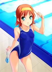 Rule 34 | 00s, 1girl, asics, blue one-piece swimsuit, breasts, collarbone, competition swimsuit, covered erect nipples, goggles, unworn goggles, green eyes, hairband, kimi ga nozomu eien, norizou type-r, one-piece swimsuit, orange hair, pool, poolside, short hair, small breasts, smile, solo, standing, suzumiya akane, swim cap, swimsuit, water