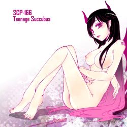 Rule 34 | 1girl, ala chan, barefoot, black hair, breasts, character name, cross, cross necklace, crossed ankles, demon girl, feet, gradient hair, jewelry, long hair, medium breasts, multicolored hair, necklace, nipples, nude, purple eyes, purple hair, scp-166, scp foundation, sideways mouth, sitting, solo, demon girl, tattoo, toes, very long hair, wings