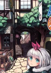 Rule 34 | 3girls, bad id, bad pixiv id, barrel, blush, bob cut, cafe, cat, chair, chalkboard, coat, cobblestone, contemporary, cup, dress, female focus, green eyes, hair ribbon, hairband, kaneni, looking at viewer, menu board, motor vehicle, multiple girls, nature, original, outdoors, pavement, plant, restaurant, ribbon, scenery, shop, short hair, signpost, skirt, solo focus, table, teacup, town, tree, upper body, vehicle, white hair, winter clothes