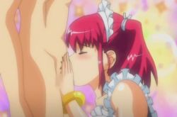 Rule 34 | animated, animated gif, apron, blush, censored, cosplay, closed eyes, fellatio, maid headdress, natsumize sukumi, oral, penis, pink hair, red hair, school swimsuit, swimsuit, tsundere inran shoujo sukumi, twintails
