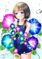 Rule 34 | 1girl, blue eyes, blush, brown hair, covered navel, flower, hair bobbles, hair ornament, highres, long hair, looking at viewer, low twintails, mole, mole under eye, morning glory, original, own hands together, parted lips, school swimsuit, solo, swimsuit, twintails, wabi chazuke, water drop