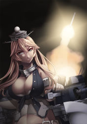 Rule 34 | 10s, 1girl, bare shoulders, blonde hair, breasts, cleavage, corset, elbow gloves, garter straps, gloves, hat, hiememiko, highres, iowa (kancolle), kantai collection, large breasts, long hair, missile, night, rocket launcher, serious, solo, turret, weapon