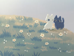 Rule 34 | animal focus, ayu (mog), black cat, cat, cheek-to-cheek, commentary, english commentary, field, flower, grass, heads together, hill, looking at another, no humans, one eye closed, original, signature, white cat, white flower