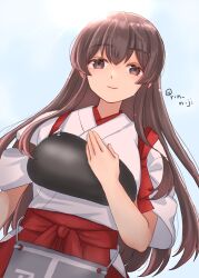 Rule 34 | 1girl, akagi (kancolle), brown eyes, brown hair, closed mouth, commentary request, day, hakama, hand on own chest, hand on own hip, highres, japanese clothes, kantai collection, long hair, looking at viewer, muneate, outdoors, red hakama, rin (rin niji), solo, sun, tasuki, twitter username, upper body