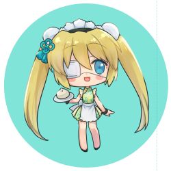 Rule 34 | 1girl, :3, :d, alternate costume, apron, aqua background, back bow, baozi, blonde hair, blue eyes, blush stickers, bow, china dress, chinese clothes, commentary request, double bun, dress, enmaided, eyepatch, food, frilled apron, frills, hair between eyes, hair bun, hair ornament, highres, holding, holding tray, long hair, looking at viewer, maid, maid day, maid headdress, may salamanya, nakatsu shizuru, one eye covered, open mouth, rewrite, short dress, simple background, smile, solo, tassel, tassel hair ornament, tray, twintails, very long hair, wa maid, white apron, white bow, yellow dress
