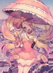 Rule 34 | 1girl, :d, bad id, bad twitter id, blonde hair, blue eyes, blush, bow, dress, drill hair, earrings, eyepatch, hair bow, harime nui, jewelry, kill la kill, long hair, maru (umc a), open mouth, parasol, photo background, pink bow, pink dress, smile, solo, strapless, strapless dress, twin drills, umbrella