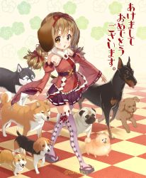 Rule 34 | 1girl, animal ears, beagle, blue eyes, blush, braid, brown eyes, brown hair, checkered floor, chinese zodiac, detached sleeves, doberman, dog, dog ears, dog request, floral background, hair ribbon, highres, husky, long sleeves, looking at viewer, original, pleated skirt, pomeranian (dog), pug, purple skirt, purple thighhighs, red ribbon, ribbon, sandals, shiba inu, skirt, standing, thighhighs, tomiwo, tongue, tongue out, twitter username, walking, welsh corgi, wide sleeves, year of the dog