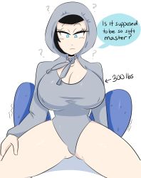 Rule 34 | ?, black hair, blue eyes, breasts, confused, grey sweater, hands on thighs, highres, hood, hoodie, jinu (jinusenpai), looking down, sex doll, solo, sweater, thick thighs, thighs, weight conscious