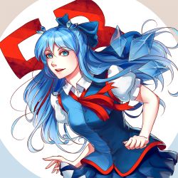Rule 34 | 1girl, adapted costume, aged up, alternate costume, alternate hair length, alternate hairstyle, blue eyes, blue hair, bow, cirno, gradient background, hair between eyes, hair ornament, hair ribbon, ice, ice wings, katorius, long hair, looking at viewer, matching hair/eyes, open mouth, puffy sleeves, ribbon, shirt, short sleeves, skirt, skirt set, smile, solo, touhou, wings
