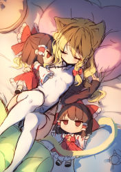 Rule 34 | 1girl, animal ears, blonde hair, blush, cat ears, cat tail, character doll, china dress, chinese clothes, closed eyes, commentary request, covered navel, doll, dress, eyelashes, from above, hair between eyes, hakurei reimu, head on pillow, holding, holding doll, kirisame marisa, lying, on back, pillow, pillow grab, piyokichi, sleeping, tail, thighhighs, touhou, white thighhighs