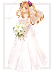 Rule 34 | 1girl, ao no kanata no four rhythm, artist name, bare arms, bare shoulders, blonde hair, blush, bouquet, breasts, bridal veil, brown eyes, commission, dress, flower, hair flower, hair ornament, hair ribbon, highres, holding, holding bouquet, holding flower, instagram logo, long hair, looking at viewer, open mouth, puppypaww, purple flower, ribbon, satouin reiko, simple background, sleeveless, sleeveless dress, smile, solo, star (symbol), star in eye, symbol in eye, twitter logo, veil, wedding dress, white background, white dress, white flower