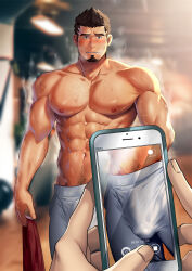 Rule 34 | 2boys, abs, bara, black hair, blush, bulge, commission, erection, erection under clothes, facial hair, goatee, highres, holding, holding phone, kashi kosugi, large pectorals, male focus, mature male, multiple boys, muscular, muscular male, navel, nipples, pants, pectorals, phone, sergei strelka, short hair, tales of (series), tales of zestiria, topless male, white pants