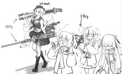 Rule 34 | 4girls, :q, ags-30, ags-30 (girls&#039; frontline), automatic grenade launcher, bad id, bad twitter id, boots, breasts, browning m2, carrying, chernoshka, commentary, crew-served weapon, english commentary, english text, exhausted, flat chest, girls&#039; frontline, glasses, grenade launcher, greyscale, gun, hat, heavy machine gun, large breasts, long hair, m2hb (girls&#039; frontline), machine gun, midriff, monochrome, multiple girls, necktie, pointing, shirt, shorts, sleeveless, sleeveless shirt, sweat, tied shirt, tongue, tongue out, walking, weapon, white background