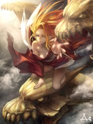 Rule 34 | 1girl, akai kitsune, arm support, bad id, bad pixiv id, bare shoulders, blonde hair, breasts, byunei, cleavage, collarbone, dragon, elf, kneeling, long hair, outstretched arm, pointy ears, red eyes, saga, smile, solo, wind
