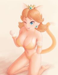 Rule 34 | 1girl, :p, animal ears, barefoot, belly, bikini, blonde hair, blue eyes, breasts, brown hair, cat daisy, cat ears, cat girl, cat tail, cleavage, crown, feet, female focus, huge breasts, jewelry, kneel, looking at viewer, mario (series), midriff, nintendo, one eye closed, orange bikini, princess daisy, saf-404, safartwoks, safartworks, sideboob, smile, super mario 3d world, super mario bros. 1, swimsuit, tail, thick thighs, thighs, tongue, tongue out, w arms, wide hips