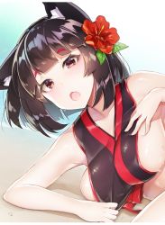 Rule 34 | 1girl, absurdres, animal ear fluff, animal ears, azur lane, bad id, bad twitter id, black hair, black kimono, blush, breasts, cat ears, collarbone, commentary request, fang, flower, hair flower, hair ornament, highres, japanese clothes, kimono, large breasts, looking at viewer, lying, on side, open mouth, red eyes, shiny clothes, shiny skin, short hair, sideboob, solo, sweat, yamashiro (azur lane), yayoichi (yoruyoru108)