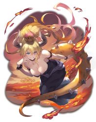 Rule 34 | 1girl, absurdres, armlet, bare shoulders, black dress, blonde hair, blue eyes, bowsette, bracelet, breasts, cleavage, crown, dress, fang, fire, grin, highres, horns, jewelry, kakage, large breasts, leaning forward, long hair, looking at viewer, mario (series), lava, new super mario bros. u deluxe, nintendo, ponytail, smile, solo, spiked armlet, spiked bracelet, spikes, super crown, tail