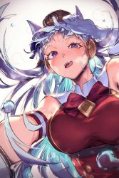 Rule 34 | 1girl, animal ears, bare shoulders, belt, blush, breasts, dress, gold ship (umamusume), hand in own hair, hanging breasts, hat, highres, horse ears, large breasts, long hair, looking at viewer, nijimaarc, open mouth, pillbox hat, purple eyes, red dress, solo, steam, steaming body, tongue, tongue out, umamusume, very long hair, wet, white background, white hair