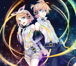 Rule 34 | 1boy, 1girl, aqua eyes, arm warmers, bad id, bad pixiv id, blonde hair, brother and sister, detached sleeves, hair ornament, hair ribbon, hairclip, headphones, kagamine len, kagamine len (append), kagamine rin, kagamine rin (append), navel, ribbon, sakou mochi, short hair, shorts, siblings, smile, twins, vocaloid, vocaloid append
