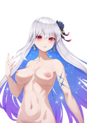 Rule 34 | 1girl, absurdres, blue hair, blush, body markings, breasts, collarbone, colored inner hair, completely nude, earrings, fate/grand order, fate (series), flower, hair flower, hair ornament, hair ribbon, highres, jewelry, kama (fate), kama (swimsuit avenger) (fate), kama (swimsuit avenger) (third ascension) (fate), large breasts, long hair, looking at viewer, lotus, multicolored hair, navel, nipples, nude, out-of-frame censoring, red eyes, ribbon, solo, star (symbol), star earrings, two-tone hair, white hair, yuniyuni