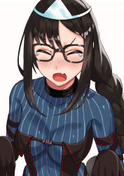 Rule 34 | 1girl, beppu mitsunaka, black-framed eyewear, black dress, black gloves, black hair, blue dress, blush, braid, braided ponytail, breasts, center opening, choker, closed eyes, dress, elbow gloves, fang, fate/grand order, fate (series), glasses, gloves, highres, layered dress, long hair, long sleeves, medium breasts, open mouth, ribbed dress, ribbon-trimmed dress, simple background, skin fang, solo, tearing up, very long hair, white background, yu mei-ren (fate), yu mei-ren (first ascension) (fate)