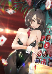 Rule 34 | 1girl, animal ears, bare shoulders, between breasts, black hair, blurry, blurry foreground, blush, breasts, brown eyes, casino card table, cleavage, covered navel, detached collar, fake animal ears, hair between eyes, hair tie, highres, large breasts, leotard, long hair, looking at viewer, lying, medium hair, necktie, necktie between breasts, on side, original, pantyhose, parted lips, pink lips, playboy bunny, rabbit ears, roulette table, sidelocks, smile, solo, strapless, strapless leotard, table, teddy (khanshin), wrist cuffs