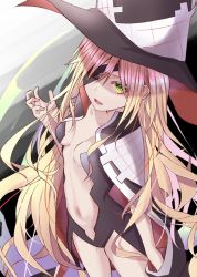 Rule 34 | 1girl, blonde hair, breasts, cape, cleavage, dande cat, eyepatch, green eyes, hat, highres, long hair, looking at viewer, navel, open mouth, othinus, solo, toaru majutsu no index, toaru majutsu no index: new testament, very long hair, witch hat
