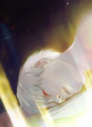 Rule 34 | 1boy, black background, closed mouth, gradient background, highres, kaneki ken, kyuuba melo, light, lying, male focus, portrait, red eyes, short hair, solo, tokyo ghoul, tokyo ghoul:re, white hair