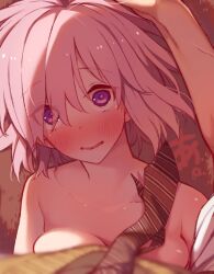 Rule 34 | 1boy, 1girl, bare shoulders, blush, breasts, cleavage, collarbone, fate/grand order, fate (series), hair over one eye, highres, large breasts, looking at viewer, mash kyrielight, mitsurugi sugar, necktie, open mouth, purple eyes, short hair, solo focus